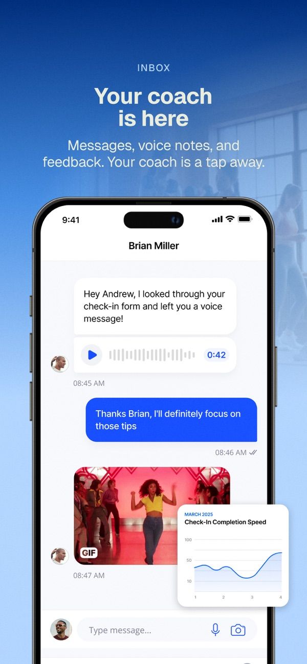 Everfit client app inbox showing messages between coach and client