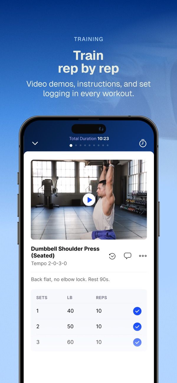 Everfit client app workout screen with exercise video demo and set logging